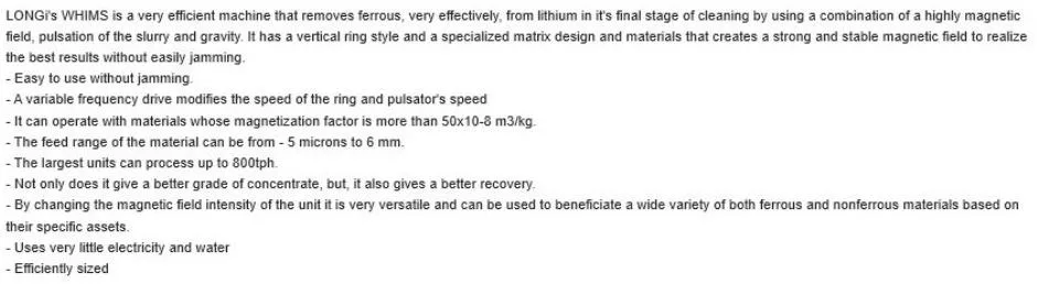 Mining Machine Whims Wet High Intensity Magnetic Separator Purification for Non-Ferrous Material Lithium Feldspar Kaolin